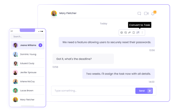 Discussions into Tasks and Projects Task and project creation from discussions on built-in chat