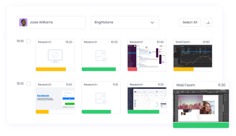 Screenshots Screenshots for productivity tracking showing how employees use their time